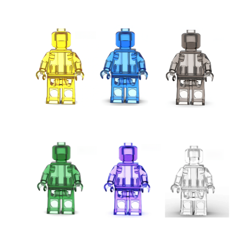 New RARE Lego Trans 6PCS Set Blue Yellow, Green, Purple, Grey, Crystal With  Display Boxes mini figures