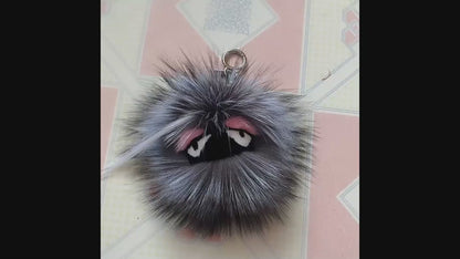 FENDI Pom-Pom Fox Mink Rabbit Fur Freak Monster Bag Bug Charm Grey